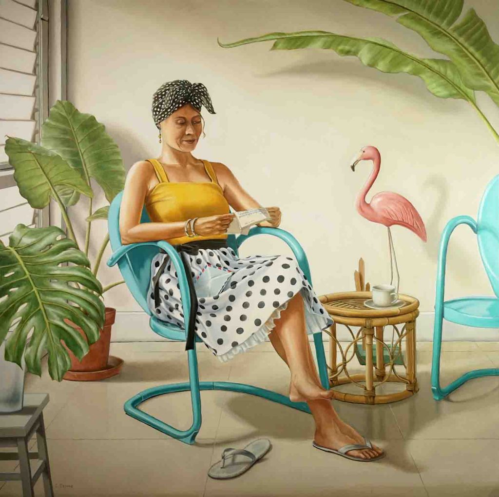 woman reading mail, airmail, oil painting' window light, tropical, nineteen fifties, twentieth century tropical decor, pink flamingo, fifties dress, contemporary realist art