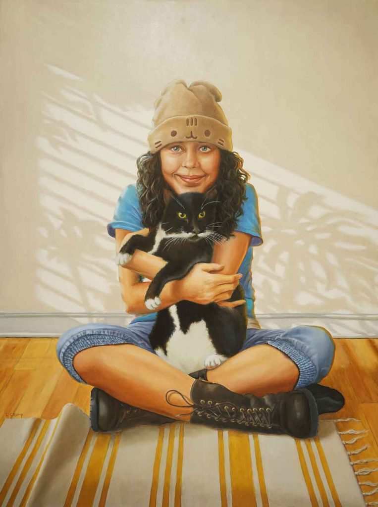 girl with cat, cats, oil painting, window light, contemporary realist art